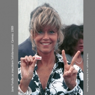 Jane Fonda with Solidarity sign -  Cannes 1989